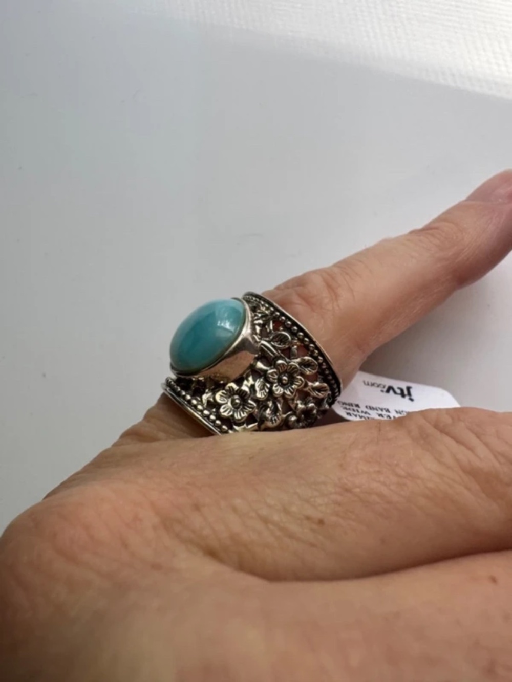 Round Cabochon Larimar Sterling Silver Wide Floral Design Band Size 7
